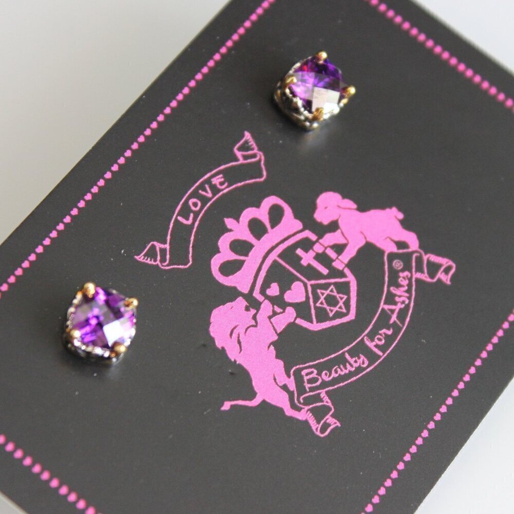 6mm Amethyst Purple Two Tone Throne Room Mini CZ Checkerboard Cut Stud Earrings